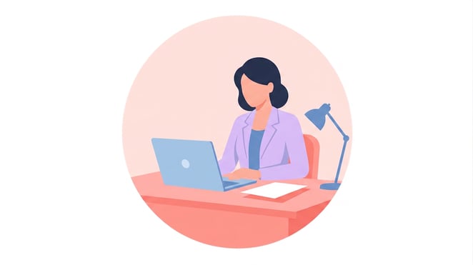 A professional woman sitting at a desk with a laptop and some papers, circular frame with solid pastel pink background, minimalist flat illustration style, faceless female character without facial details, very simple and clean design, few
